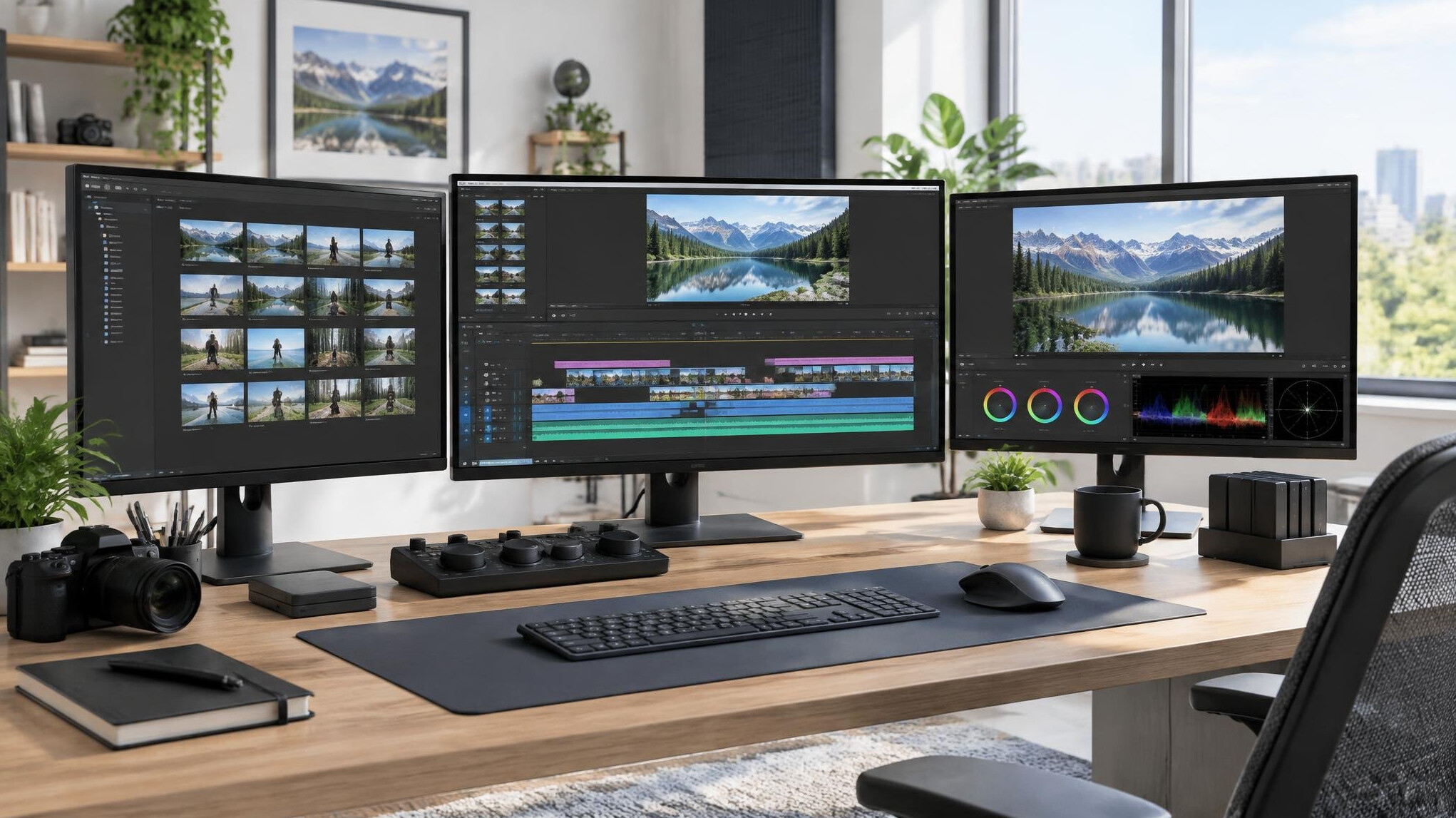 Video editing workspace with multiple monitors