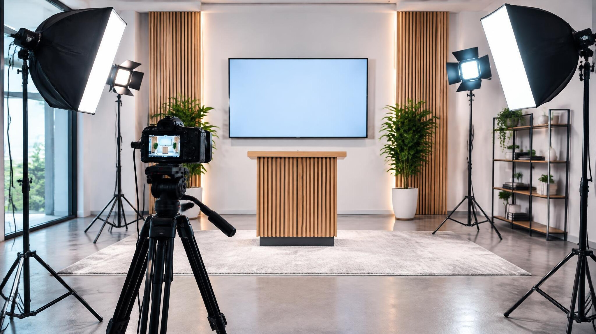 Filming setup with camera and studio lights