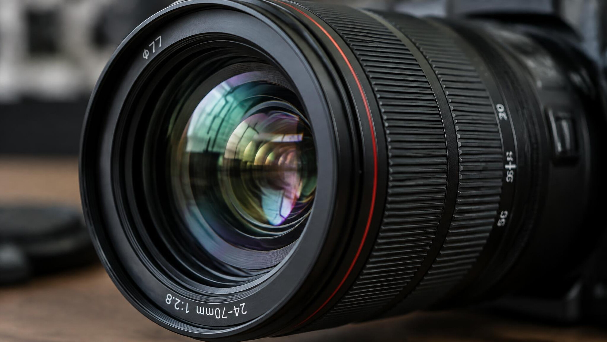 Close-up of a professional camera lens