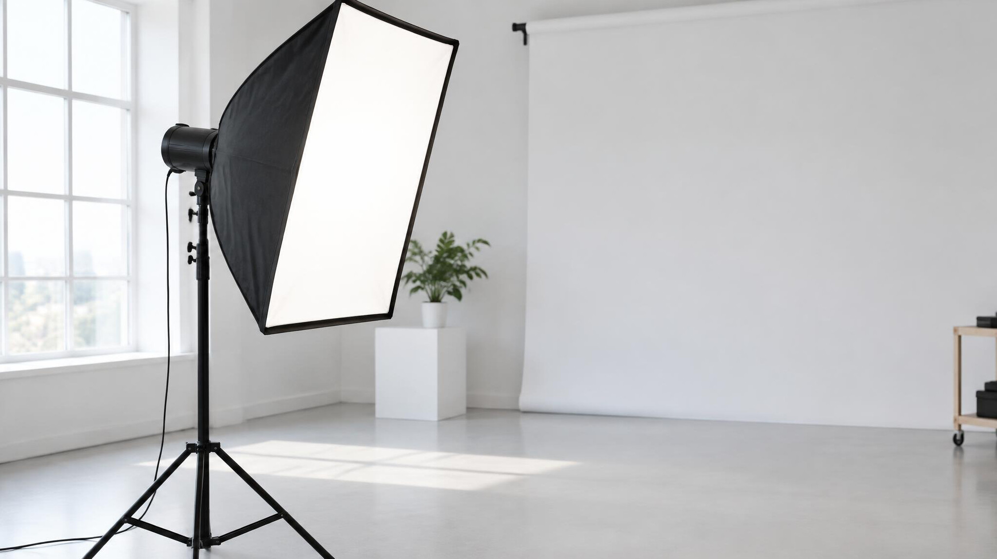 Softbox studio light glowing in a bright room