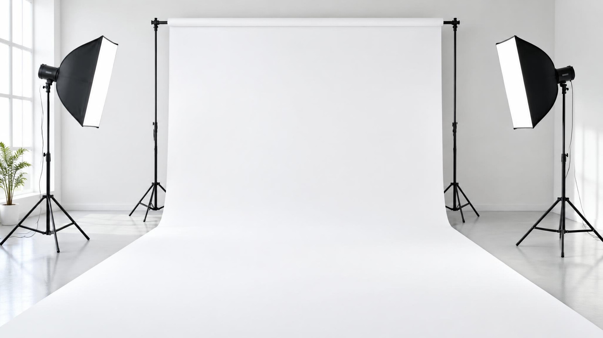 Studio background with light stands and backdrop