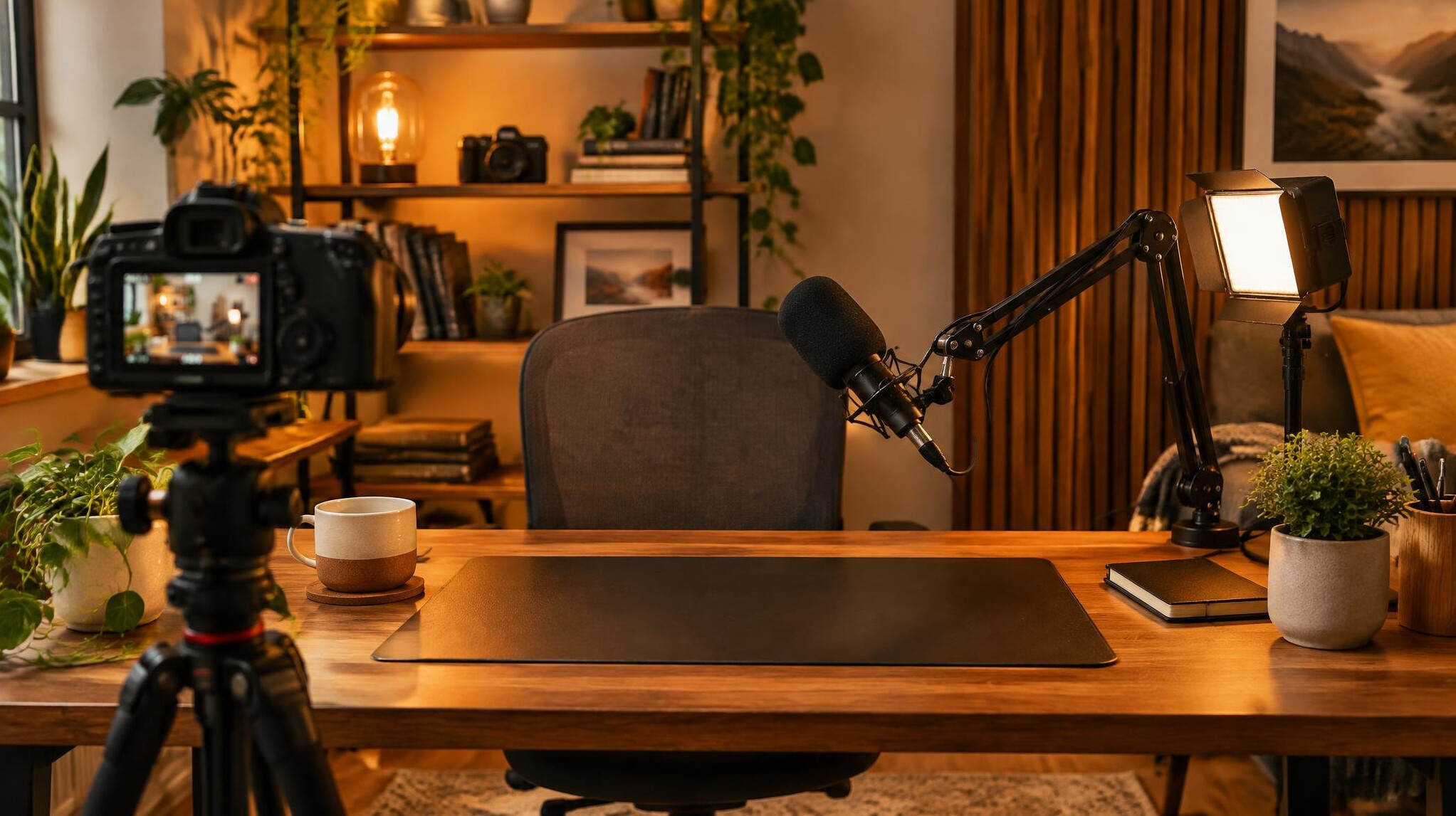 Content creation desk with camera and recording equipment