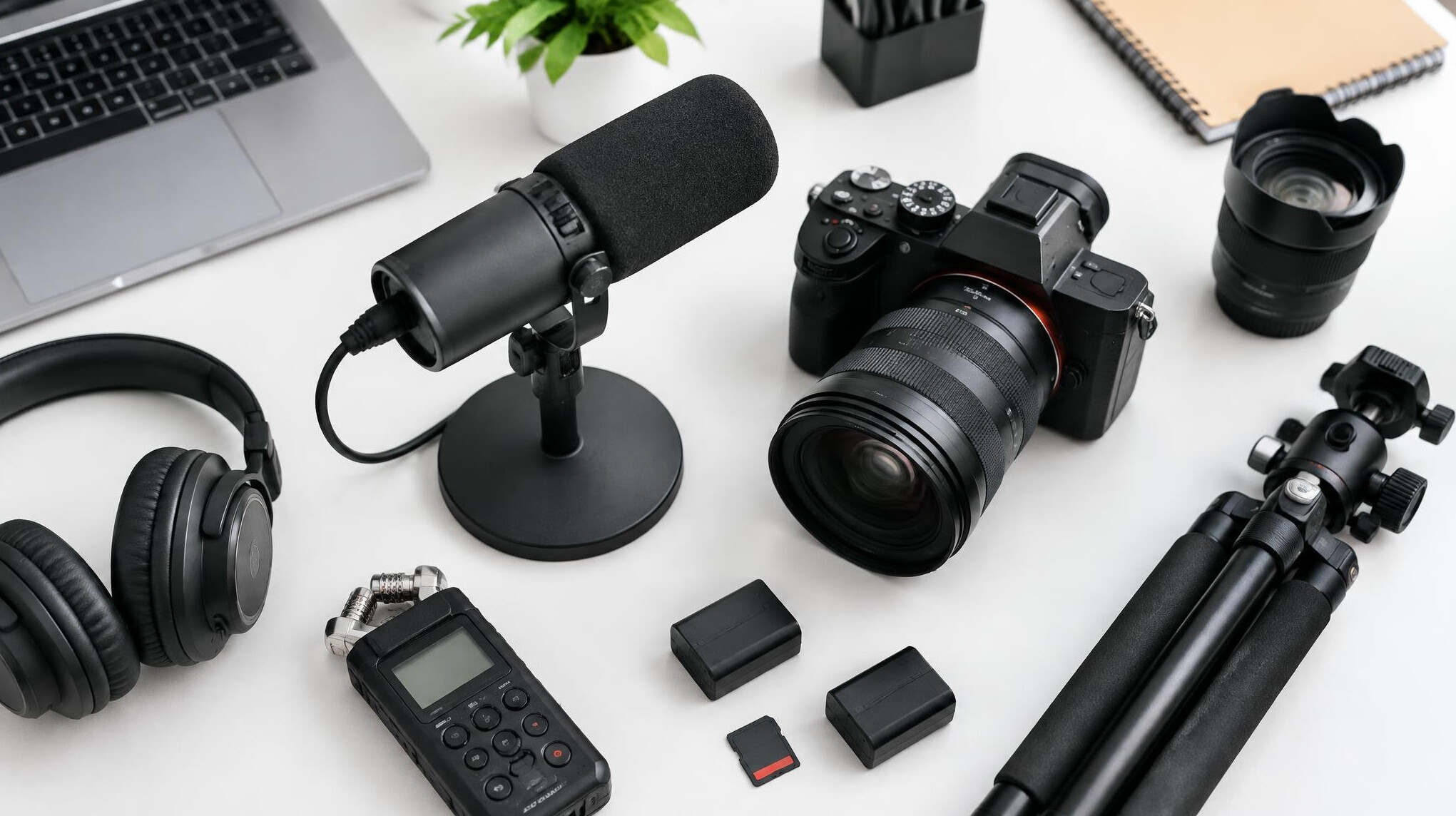 Microphone and camera equipment arranged on a studio desk