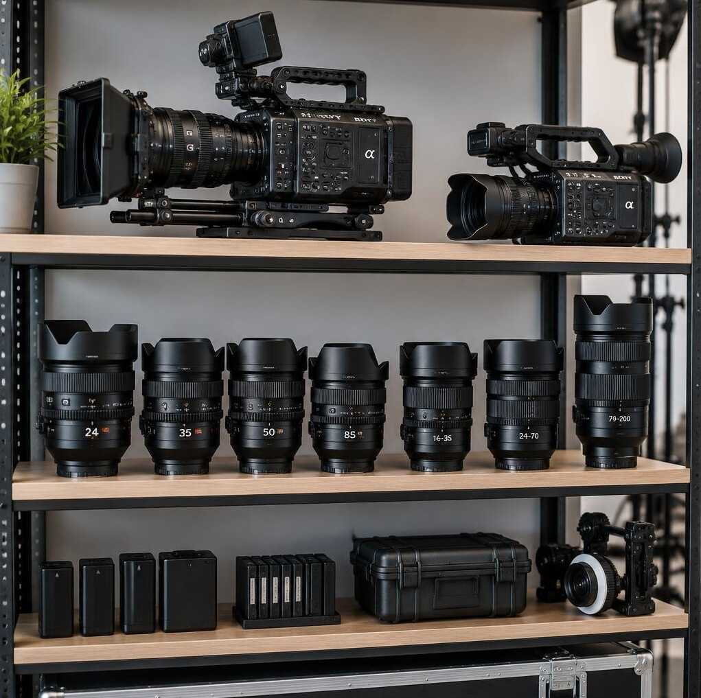Professional video camera equipment on a shelf