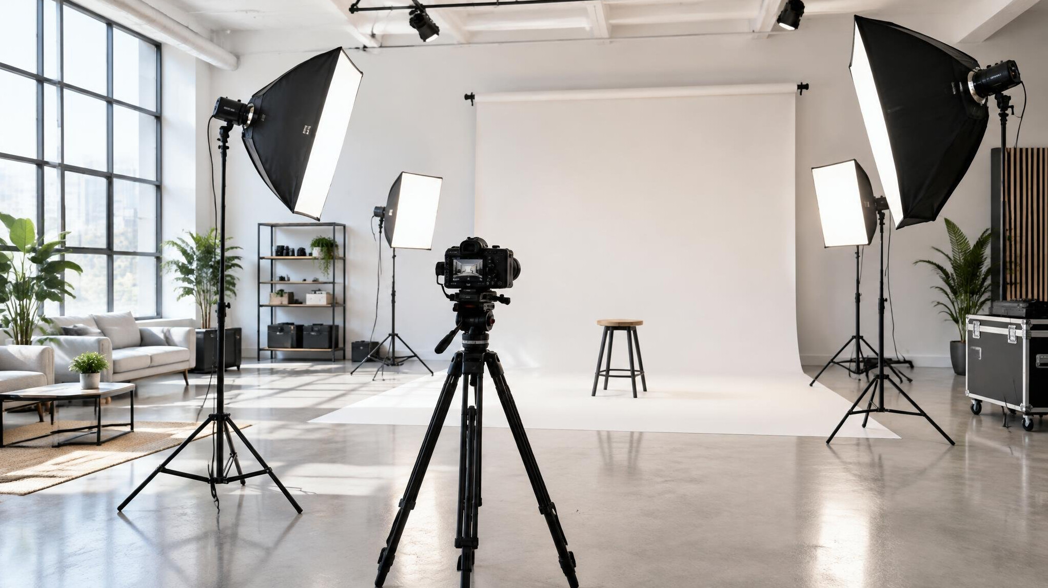Bright modern video production studio with soft lighting setup