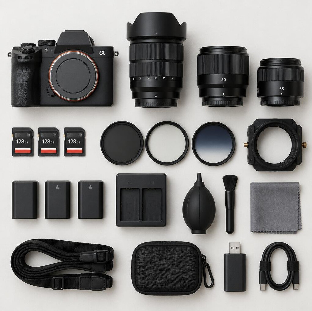 Camera gear and lenses laid out on a flat surface