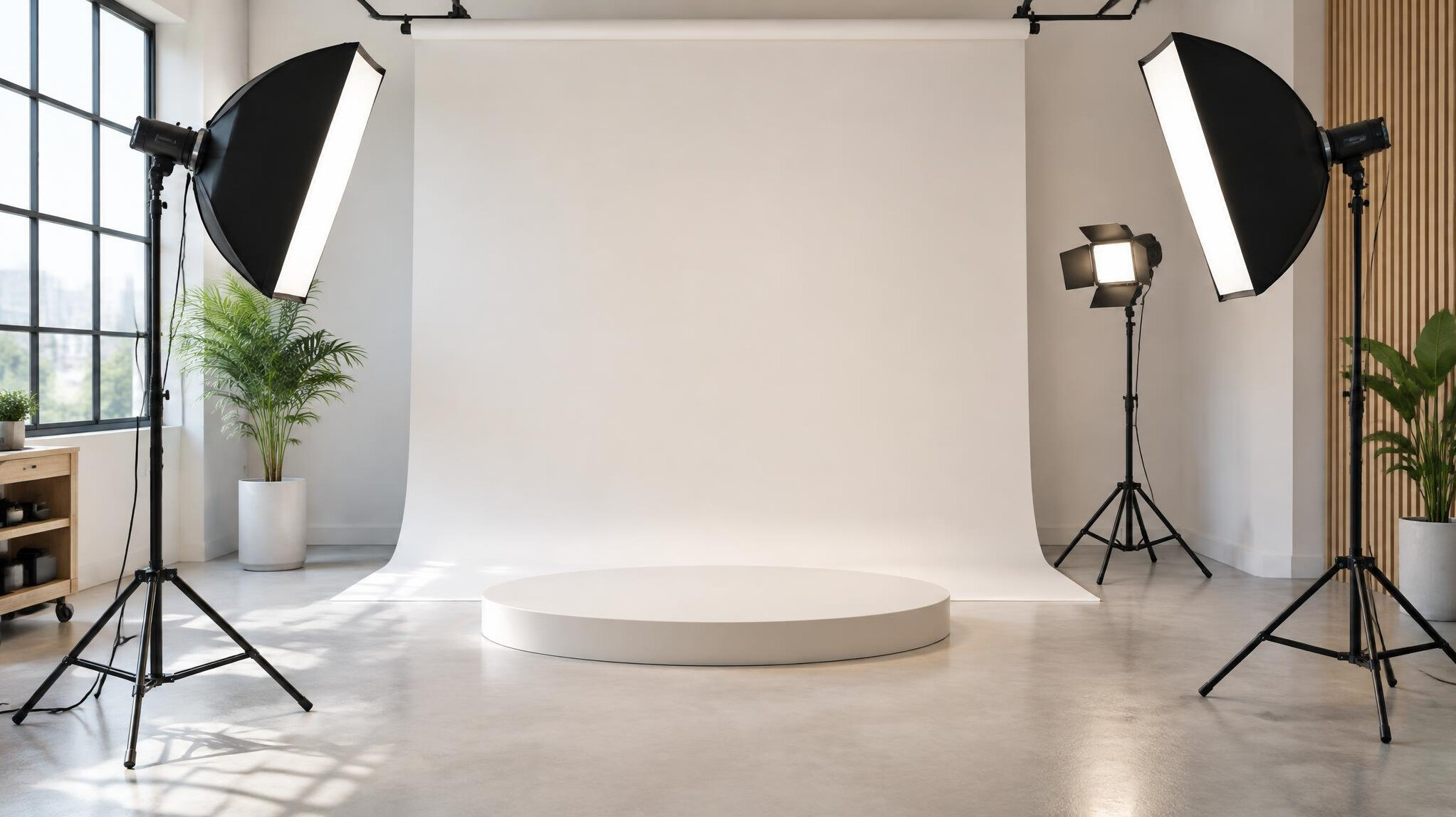 Studio interior with backdrop and professional light stands