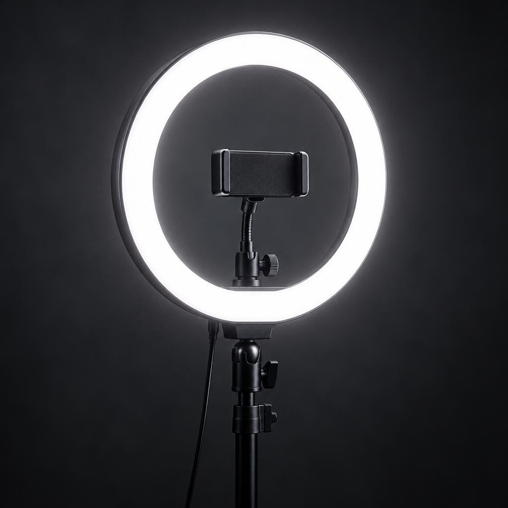 Studio ring light glowing against a dark background