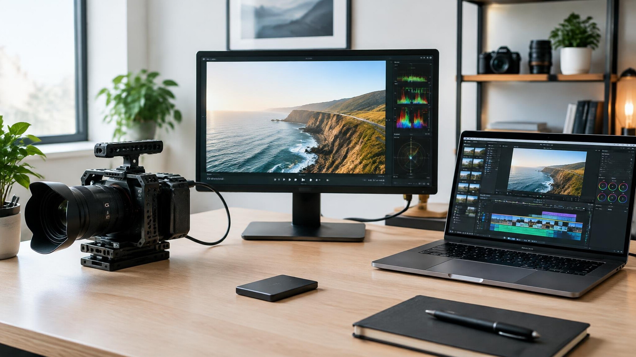 Camera and monitor setup on a desk for video editing