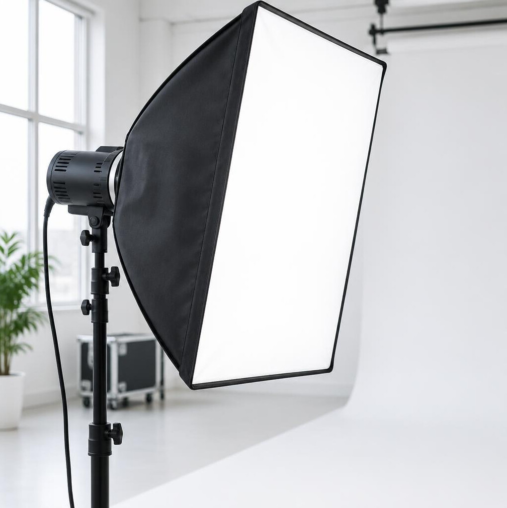 Professional softbox lighting equipment in a photography studio