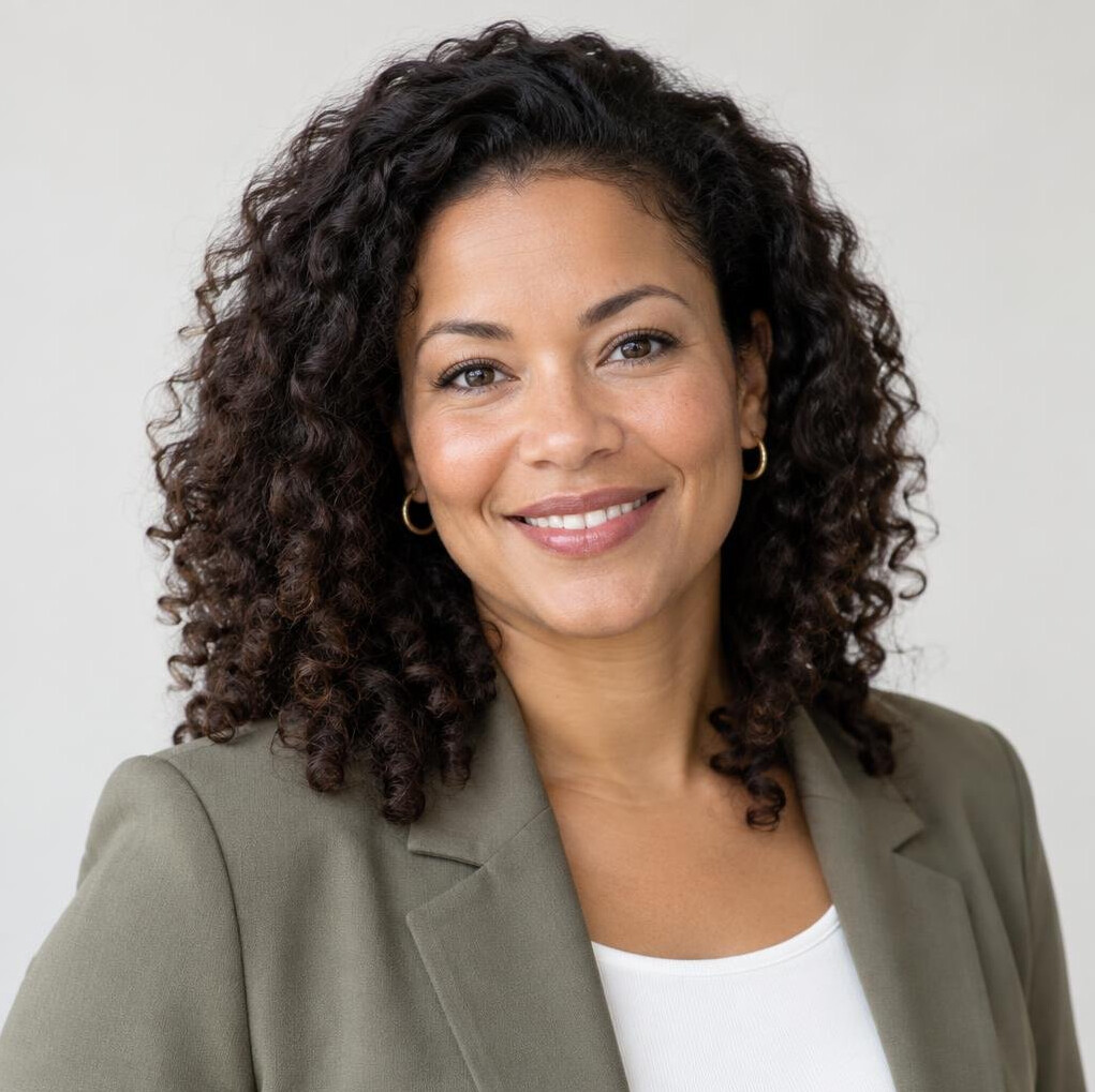 Woman with curly hair smiling, studio portrait